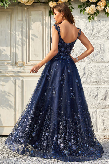 Robe de soirée longue bleu marine à épaules dénudées et appliqués